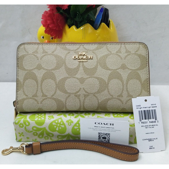 Coach Signature Khaki Saddle Leather Zip Around Credit Card Wallet - NWT $298 - Picture 1 of 16